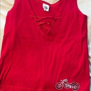Red Lace-Up Tank Top with Motorcycle Design